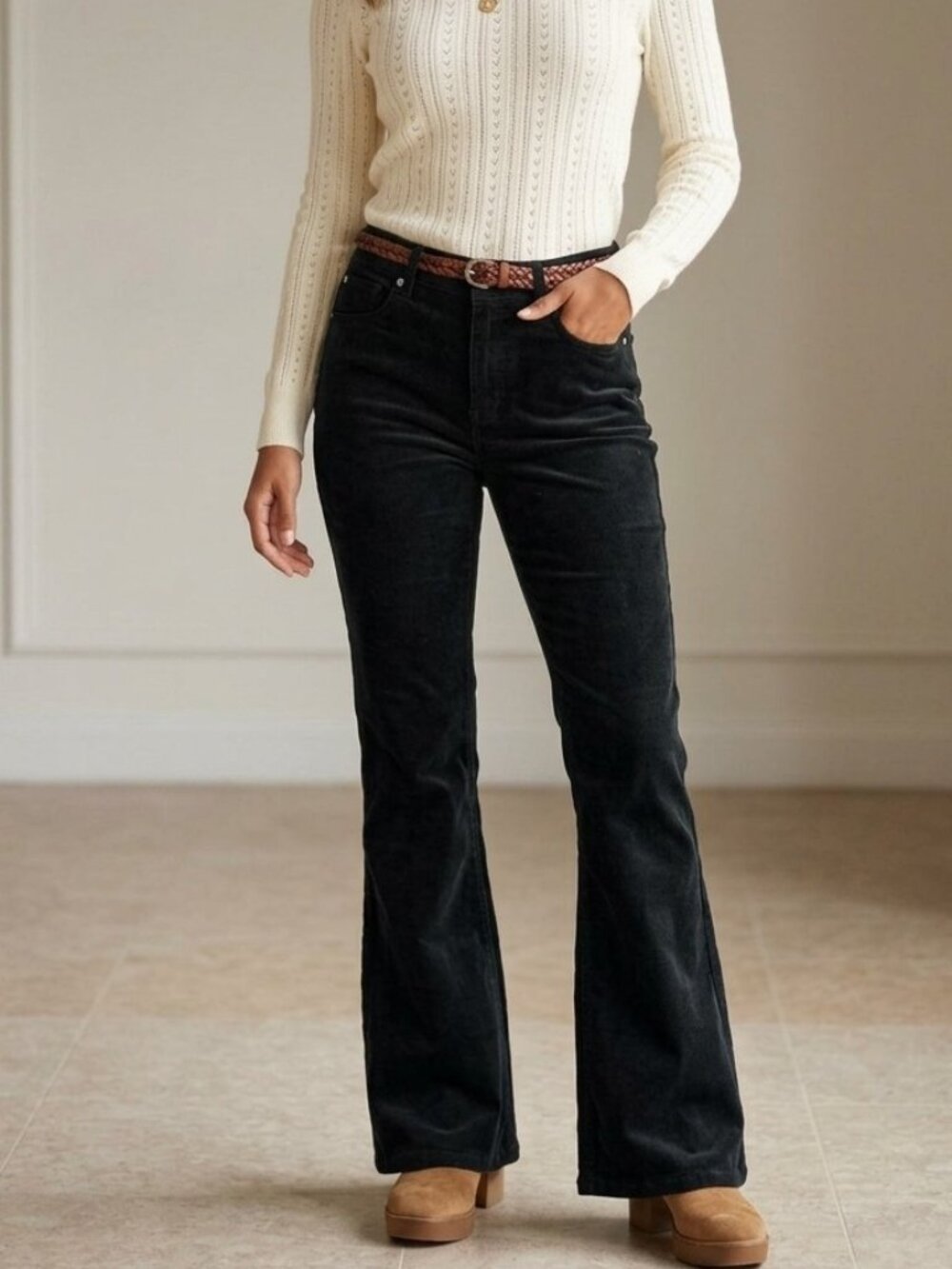 Refuge Black Cord Flared Pants - Wide Leg Corduroy Trousers 70s Retro Hippie NWT